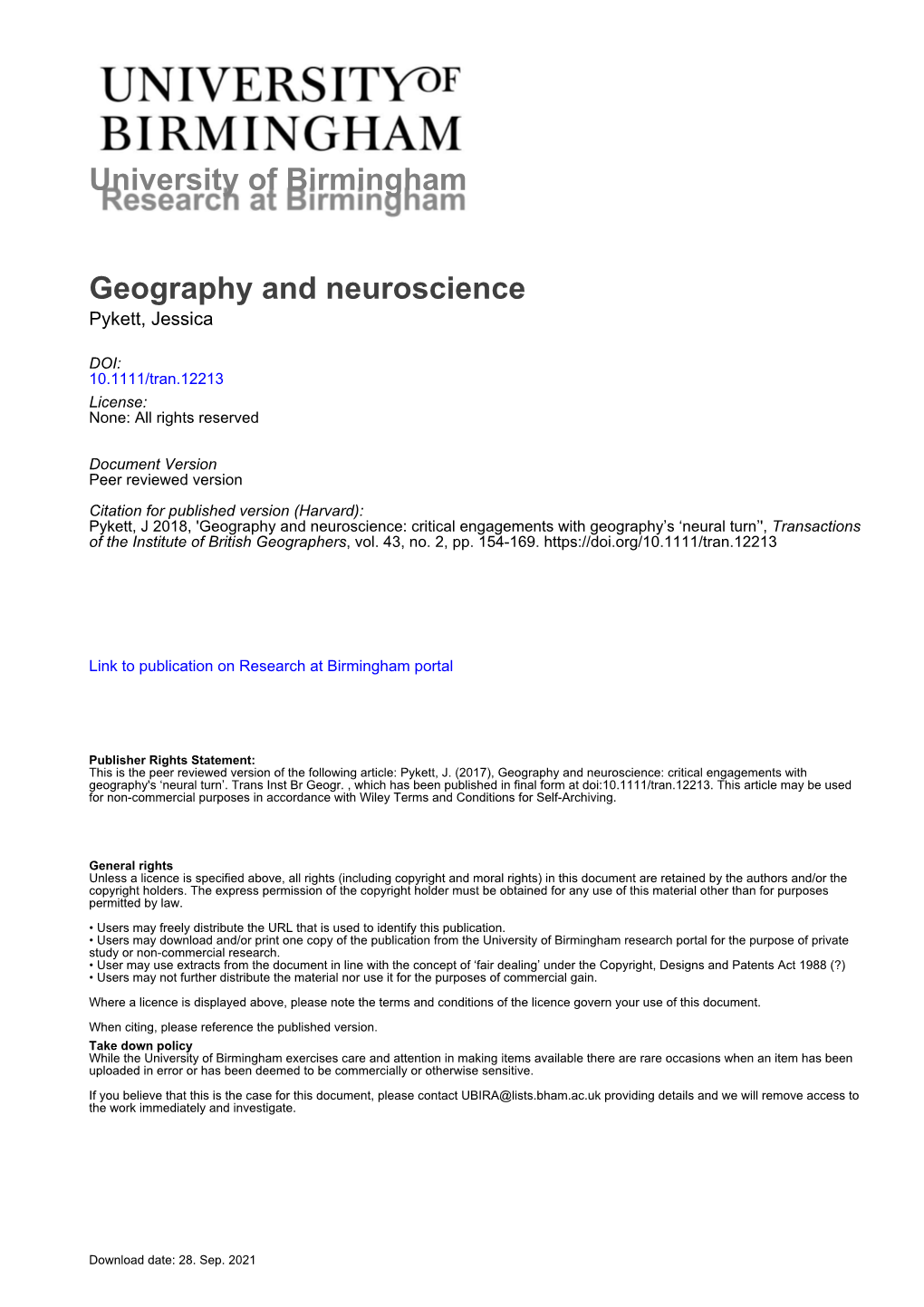 University of Birmingham Geography and Neuroscience