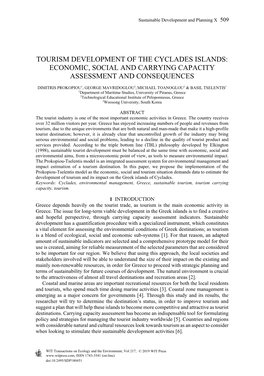 Tourism Development of the Cyclades Islands: Economic, Social and Carrying Capacity Assessment and Consequences