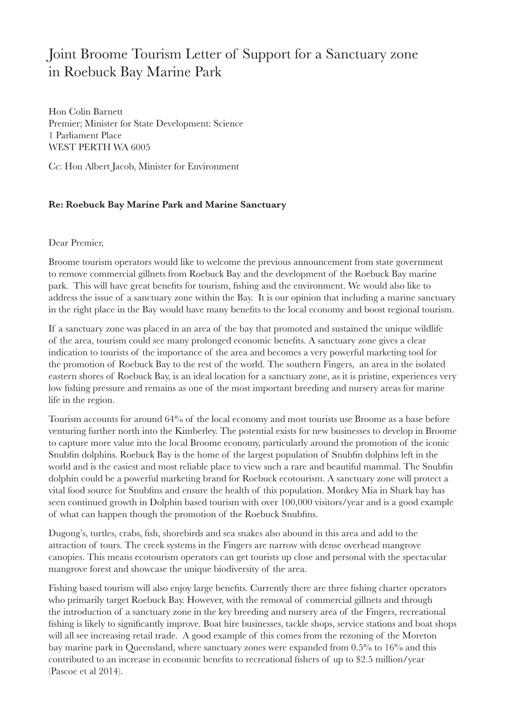 Joint Broome Tourism Letter of Support for a Sanctuary Zone in Roebuck Bay Marine Park