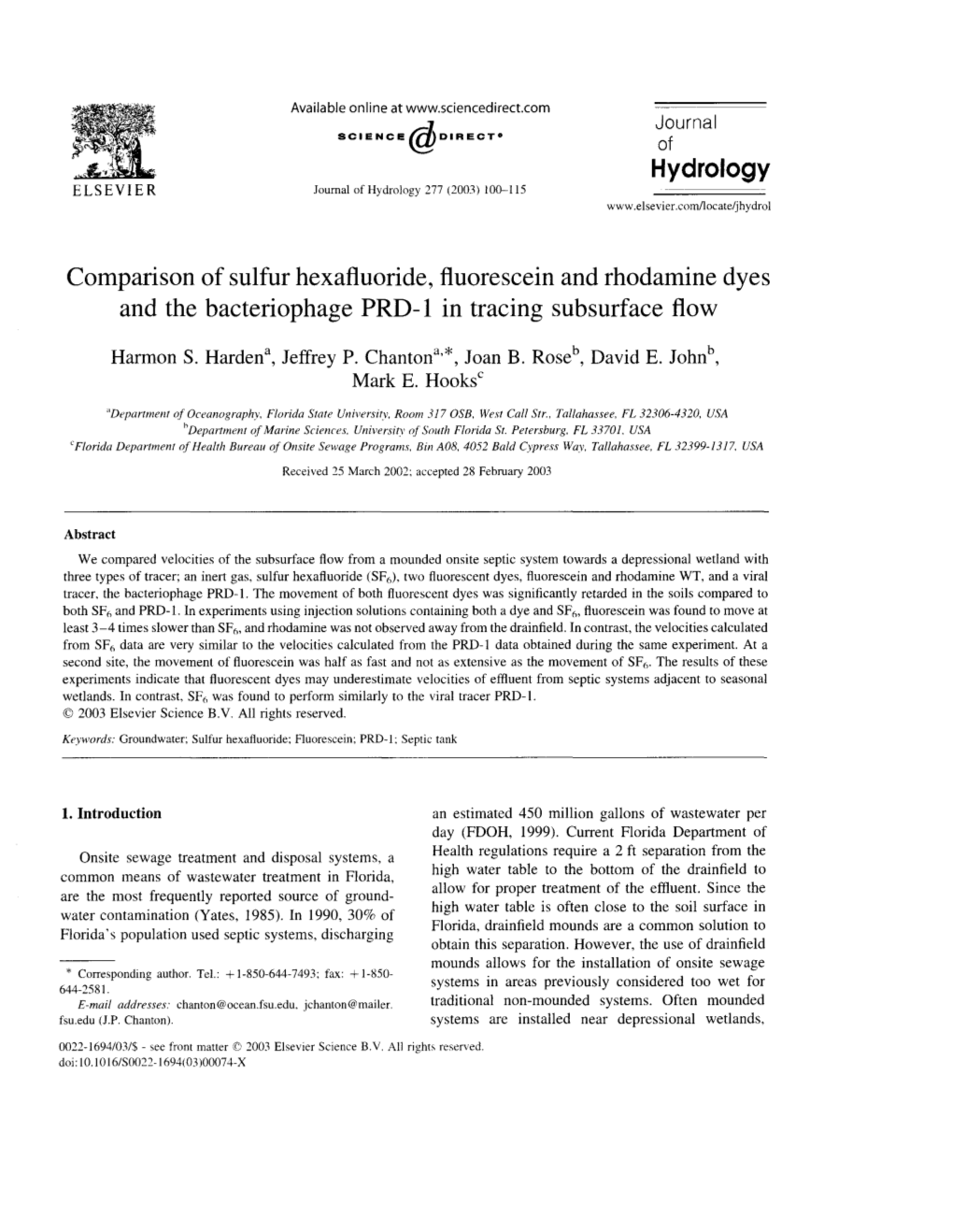 Comparison of Sulfur Hexafluoride, Fluorescein and Rhodamine Dyes and the Bacteriophage PRD-L in Tracing Subsurface Flow