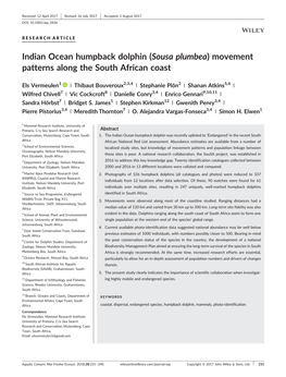 Indian Ocean Humpback Dolphin (Sousa Plumbea) Movement Patterns Along the South African Coast