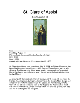 St. Clare of Assisi Feast: August 11