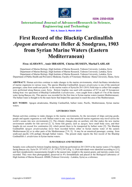 First Record of the Blacktip Cardinalfish Apogon Atradorsatus Heller & Snodgrass, 1903 from Syrian Marine Waters (Eastern Mediterranean)