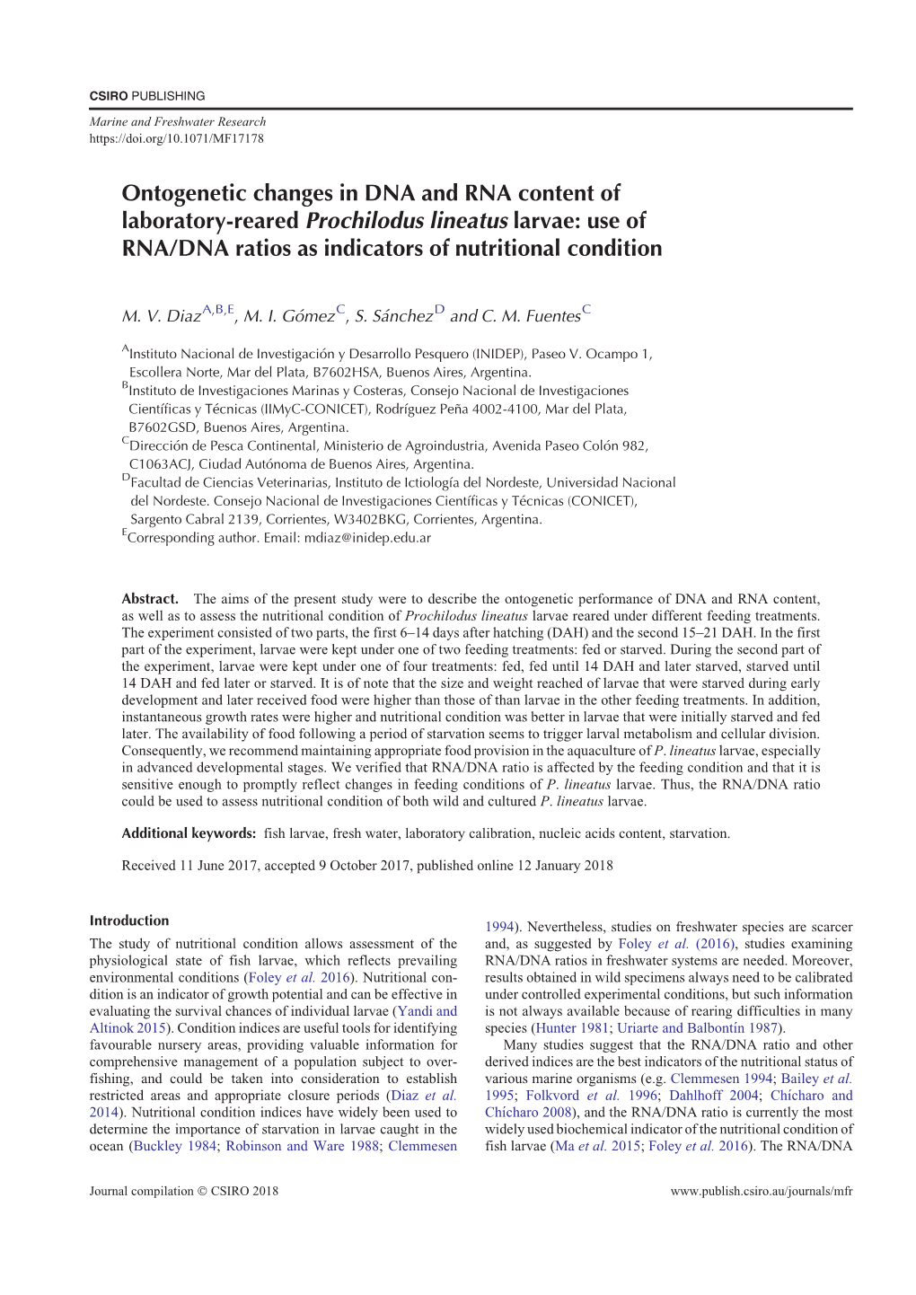 Ontogenetic Changes in DNA and RNA Content of Laboratory-Reared Prochilodus Lineatus Larvae: Use of RNA/DNA Ratios As Indicators of Nutritional Condition