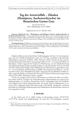 Zikaden (Hemiptera, Auchenorrhyncha) Im Botanischen Garten Graz Von Gernot Kunz1 Mit 4 Abbildungen Und 1 Tabelle