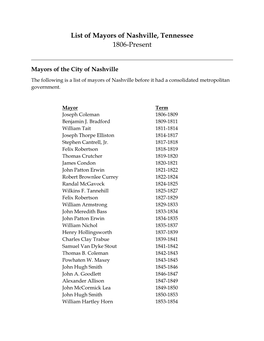 List of Mayors of Nashville, Tennessee 1806-Present