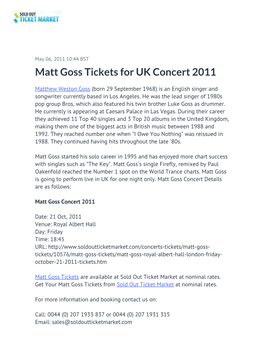 Matt Goss Tickets for UK Concert 2011