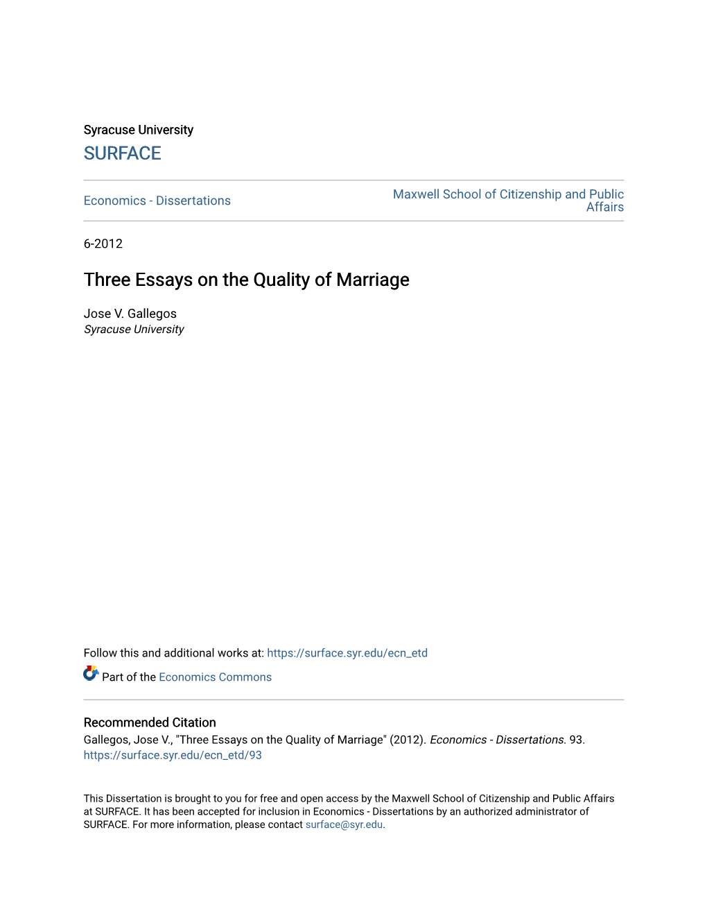 Three Essays on the Quality of Marriage