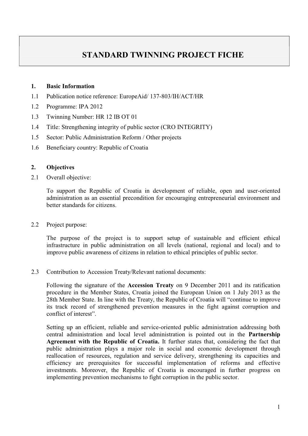 Standard Twinning Project Fiche