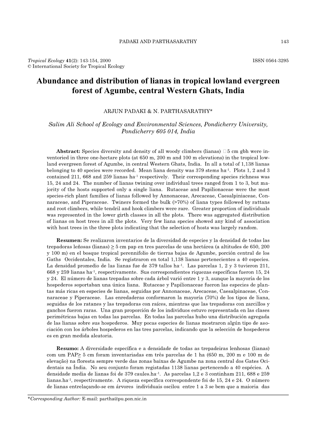 Abundance and Distribution of Lianas in Tropical Lowland Evergreen Forest of Agumbe, Central Western Ghats, India