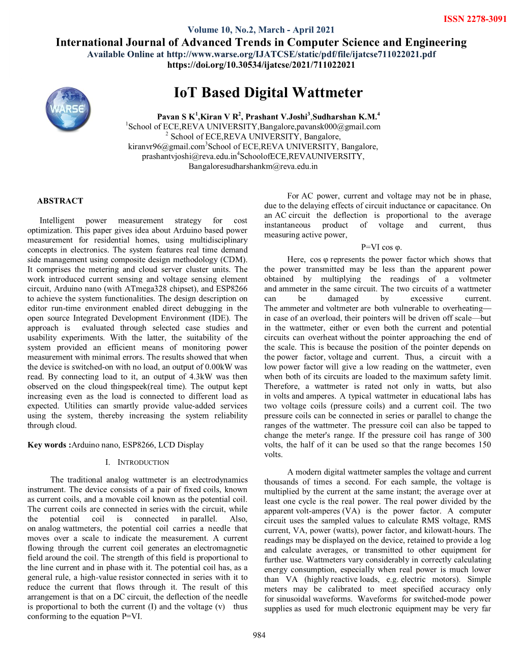 Iot Based Digital Wattmeter