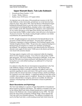 Upper Klamath Basin, Tule Lake Subbasin • Groundwater Basin Number: 1-2.01 • County: Modoc, Siskiyou • Surface Area: 85,930 Acres (135 Square Miles)