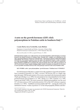 A Note on the Growth Hormone (GH1-Alui) Polymorphism in Podolian Cattle in Southern Italy1,*