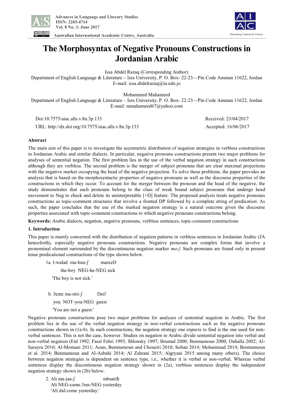 The Morphosyntax of Negative Pronouns Constructions in Jordanian Arabic