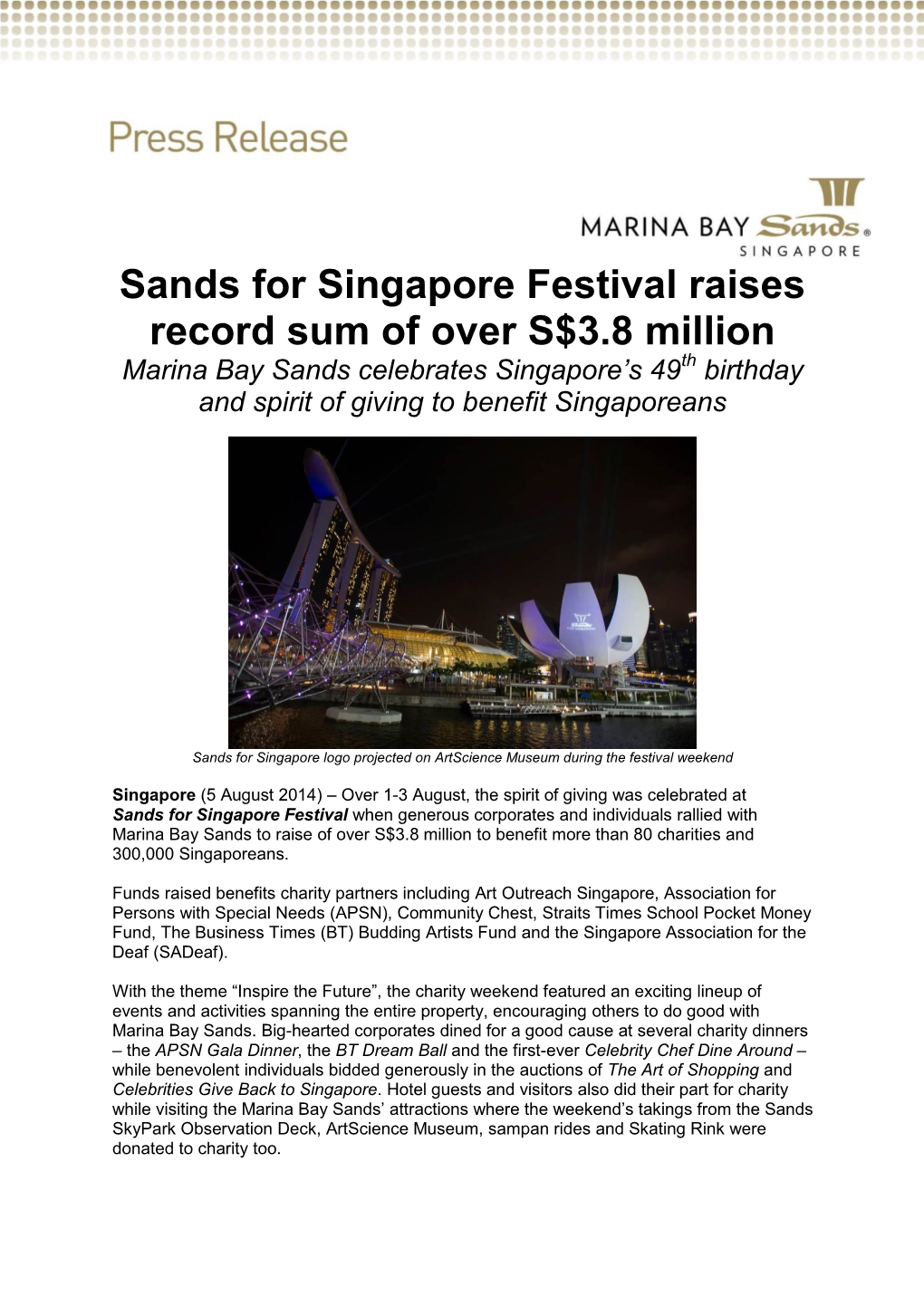 Sands for Singapore Festival Raises Record Sum of Over S$3.8 Million