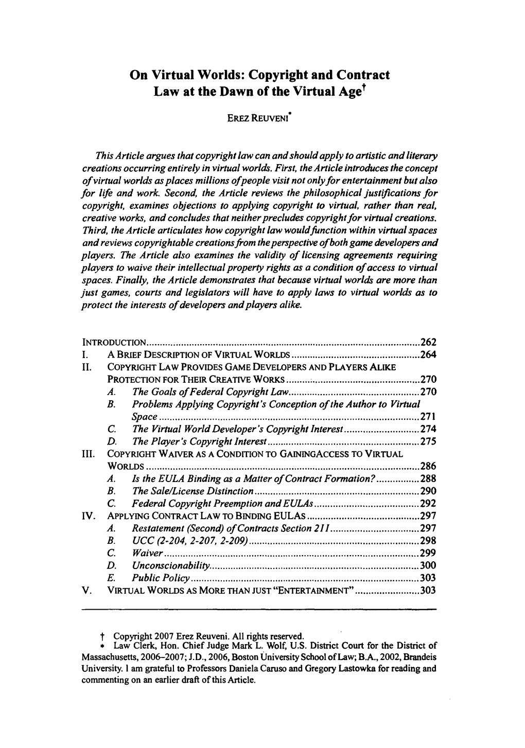 On Virtual Worlds: Copyright and Contract Law at the Dawn of the Virtual Aget