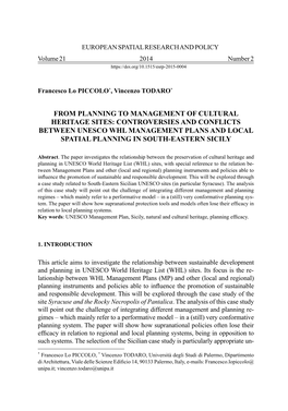 From Planning to Management of Cultural Heritage Sites: Controversies and Conflicts Between Unesco Whl Management Plans and Loca