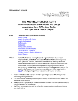 THE AUSTIN ARTS BLOCK PARTY Unprecedented Joint Event with 10 Arts Groups August 23, 1- 6Pm at the Long Center and Open ZACH Theatre Campus