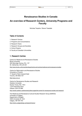 Renaissance Studies in Canada an Overview of Research Centers, University Programs and Faculty
