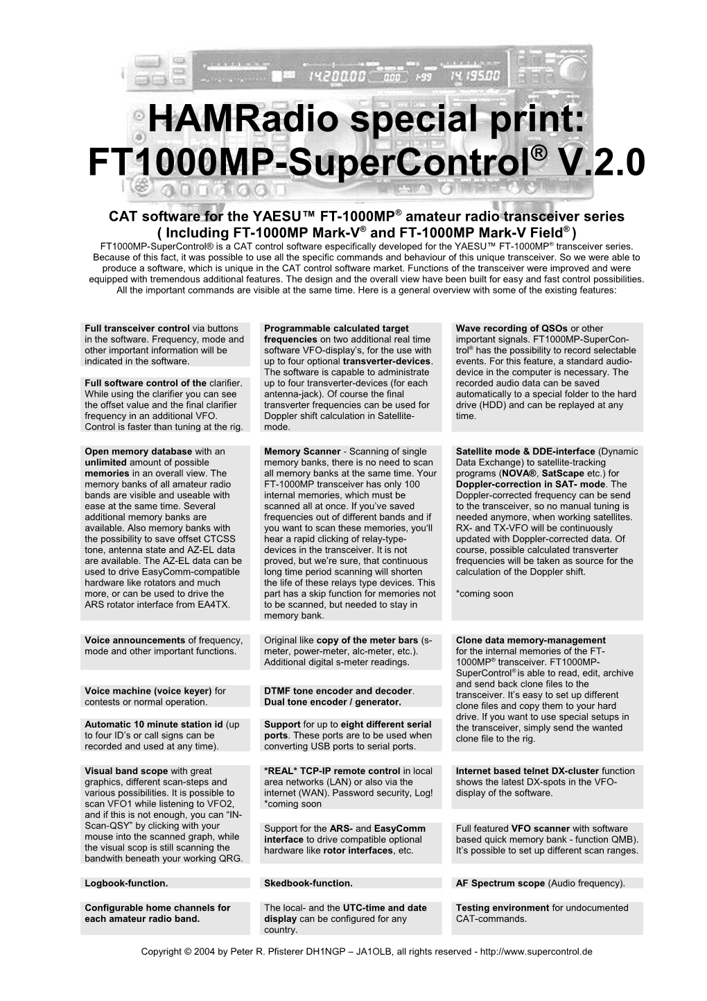 Hamradio Special Print:FT1000MP-Supercontrol V.2.0CAT Software for the YAESU FT-1000MP