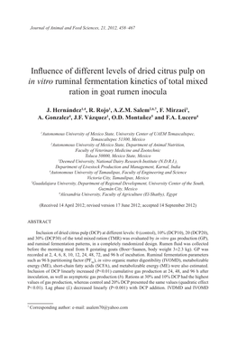 Influence of Different Levels of Dried Citrus Pulp on in Vitro Ruminal Fermentation Kinetics of Total Mixed Ration in Goat Rumen Inocula