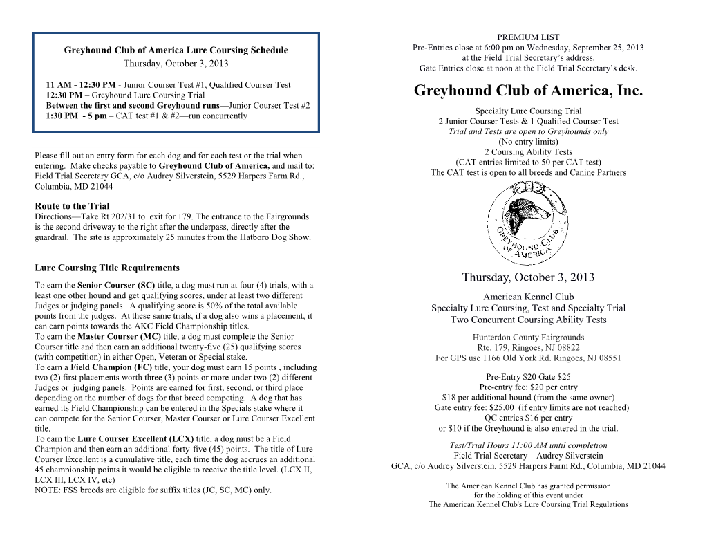 Greyhound Club of America, Inc