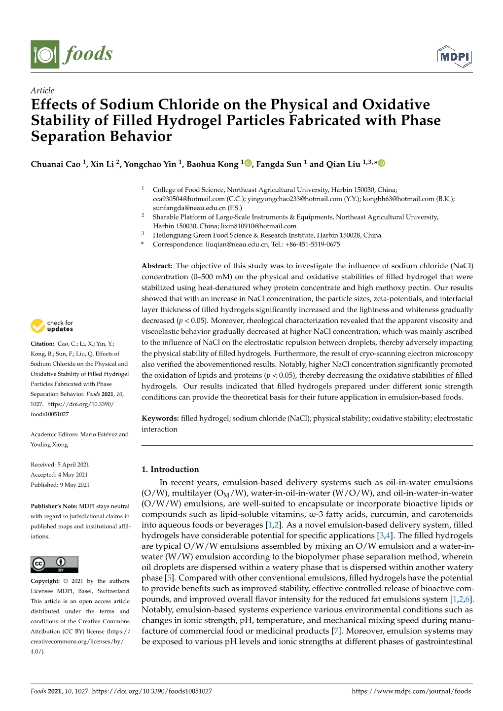 Effects of Sodium Chloride on the Physical and Oxidative Stability of Filled Hydrogel Particles Fabricated with Phase Separation Behavior