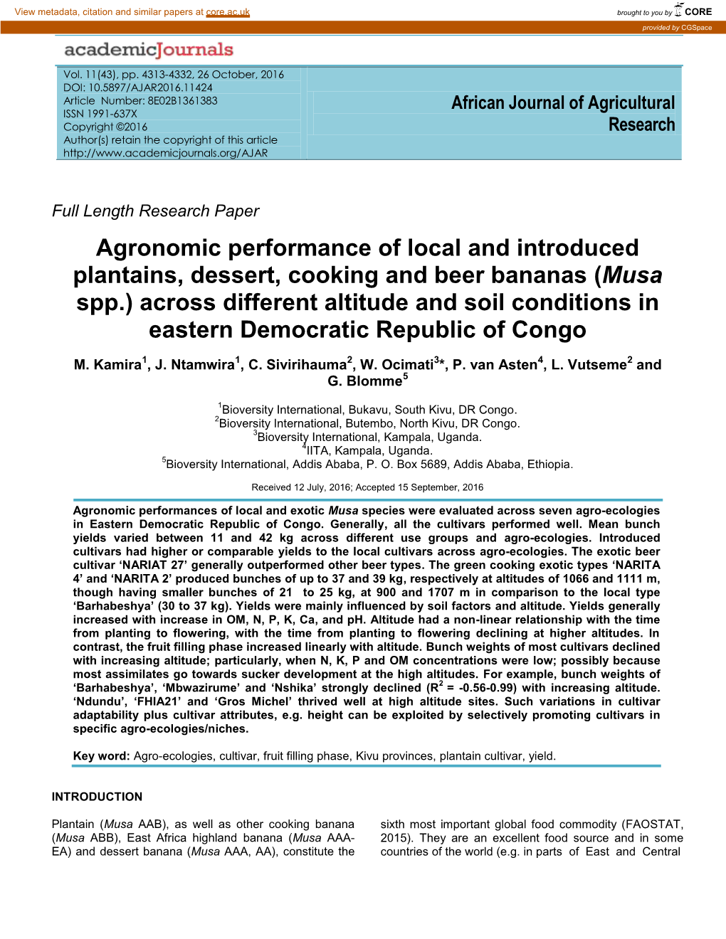 Agronomic Performance of Local and Introduced Plantains, Dessert