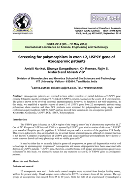 Screening for Polymorphism in Exon 12, USP9Y Gene of Azoospermic Patients