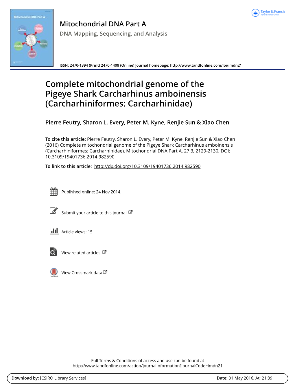 Complete Mitochondrial Genome of the Pigeye Shark Carcharhinus Amboinensis (Carcharhiniformes: Carcharhinidae)