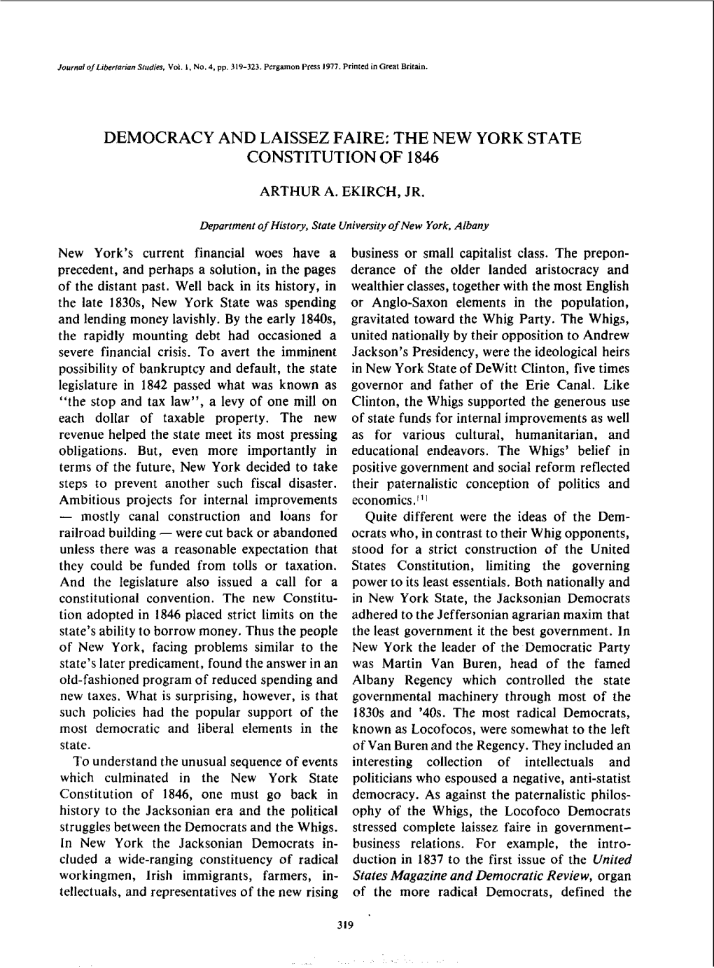 Democracy and Laissez Faire: the New York State Constitution of 1846