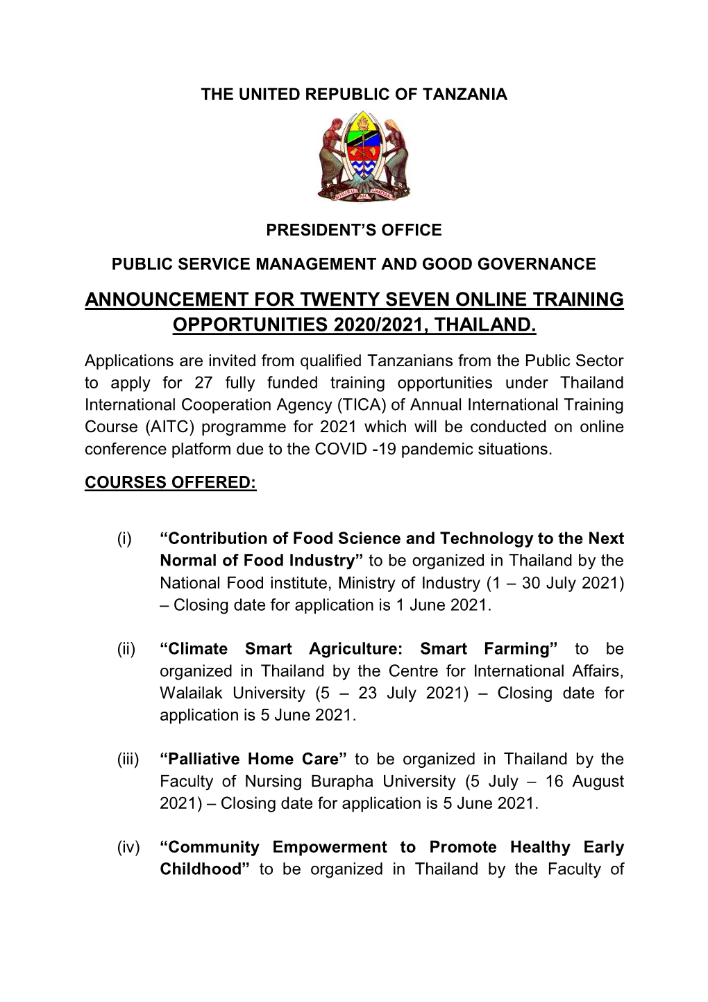Announcement for Twenty Seven Online Training Opportunities 2020/2021, Thailand
