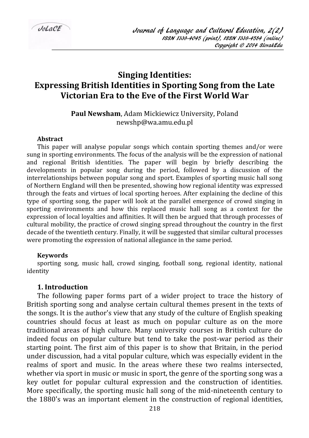 Singing Identities: Expressing British Identities in Sporting Song from the Late Victorian Era to the Eve of the First World War