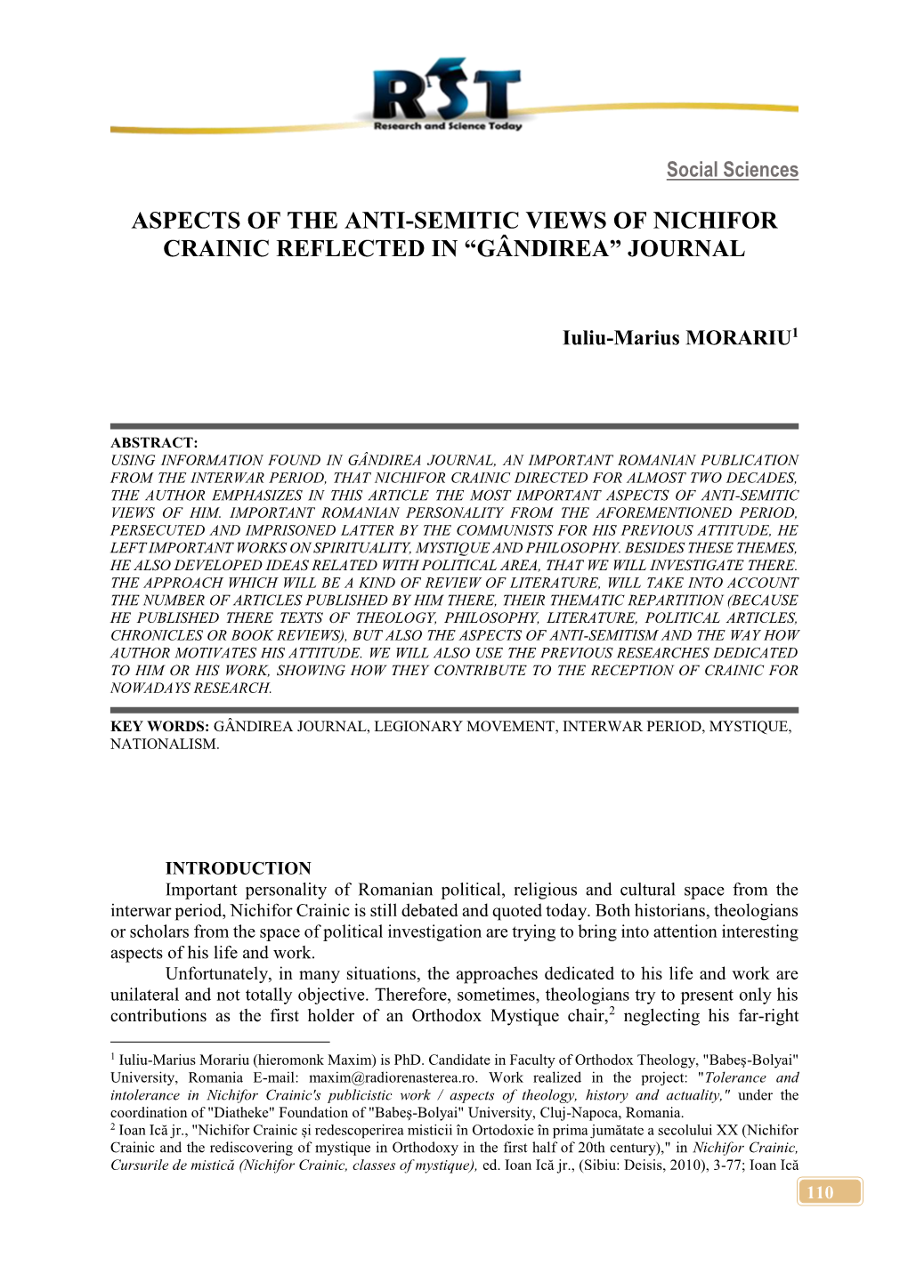 Aspects of the Anti-Semitic Views of Nichifor Crainic Reflected in “Gândirea” Journal