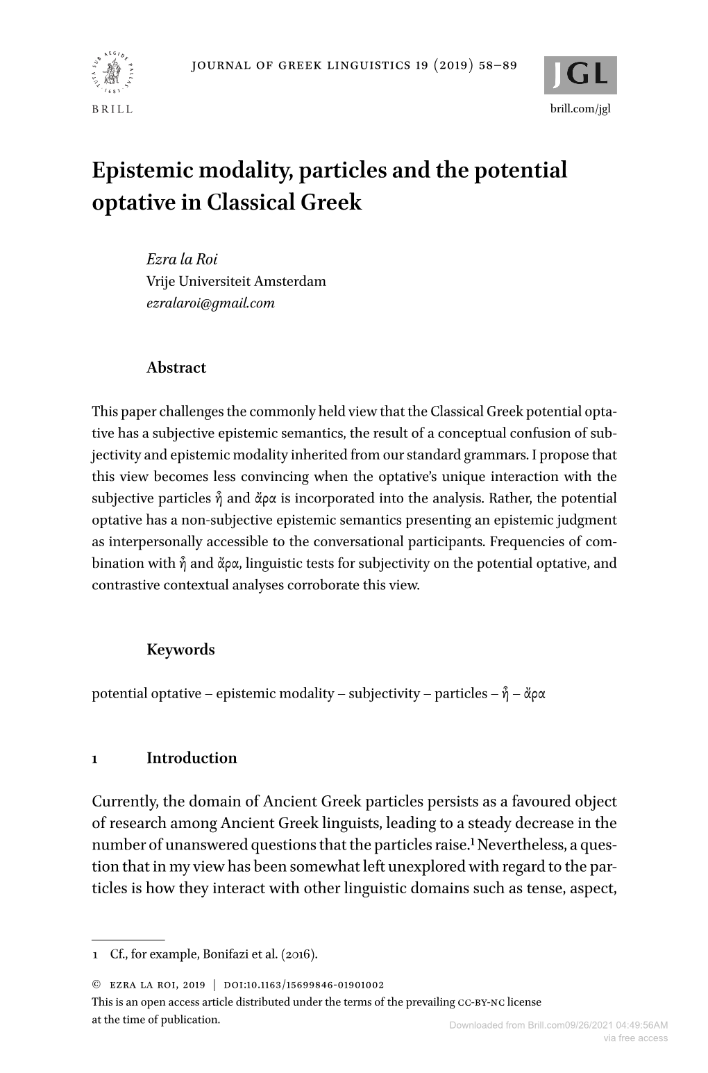 Epistemic Modality, Particles and the Potential Optative in Classical Greek