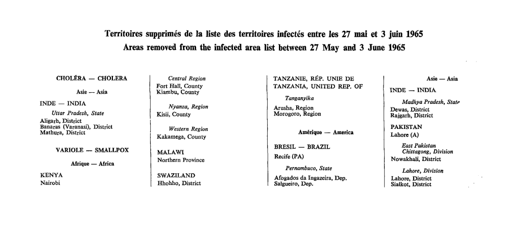 Territoires Supprimés De La Liste Des Territoires Infectés Entre Les 27 Mai Et 3 Juin 1965 Areas Removed from the Infected Area List Between 27 May and 3 June 1965