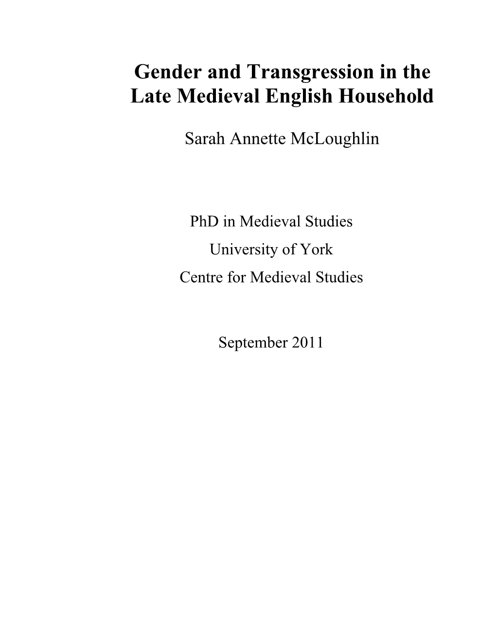 Gender and Transgression in the Late Medieval English Household