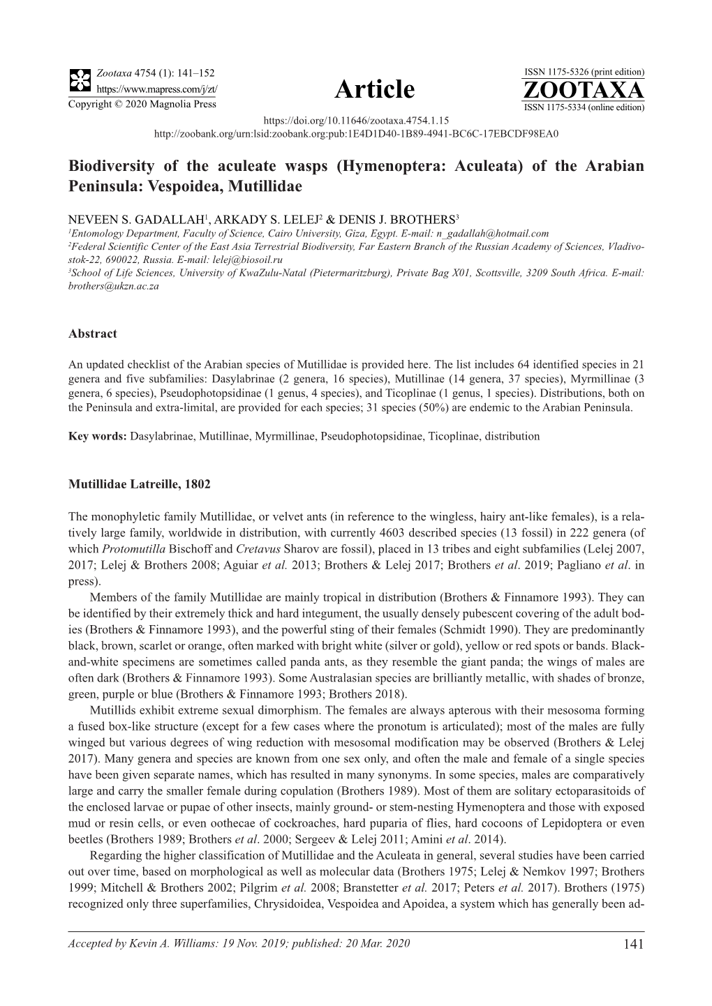 Biodiversity of the Aculeate Wasps (Hymenoptera: Aculeata) of the Arabian Peninsula: Vespoidea, Mutillidae