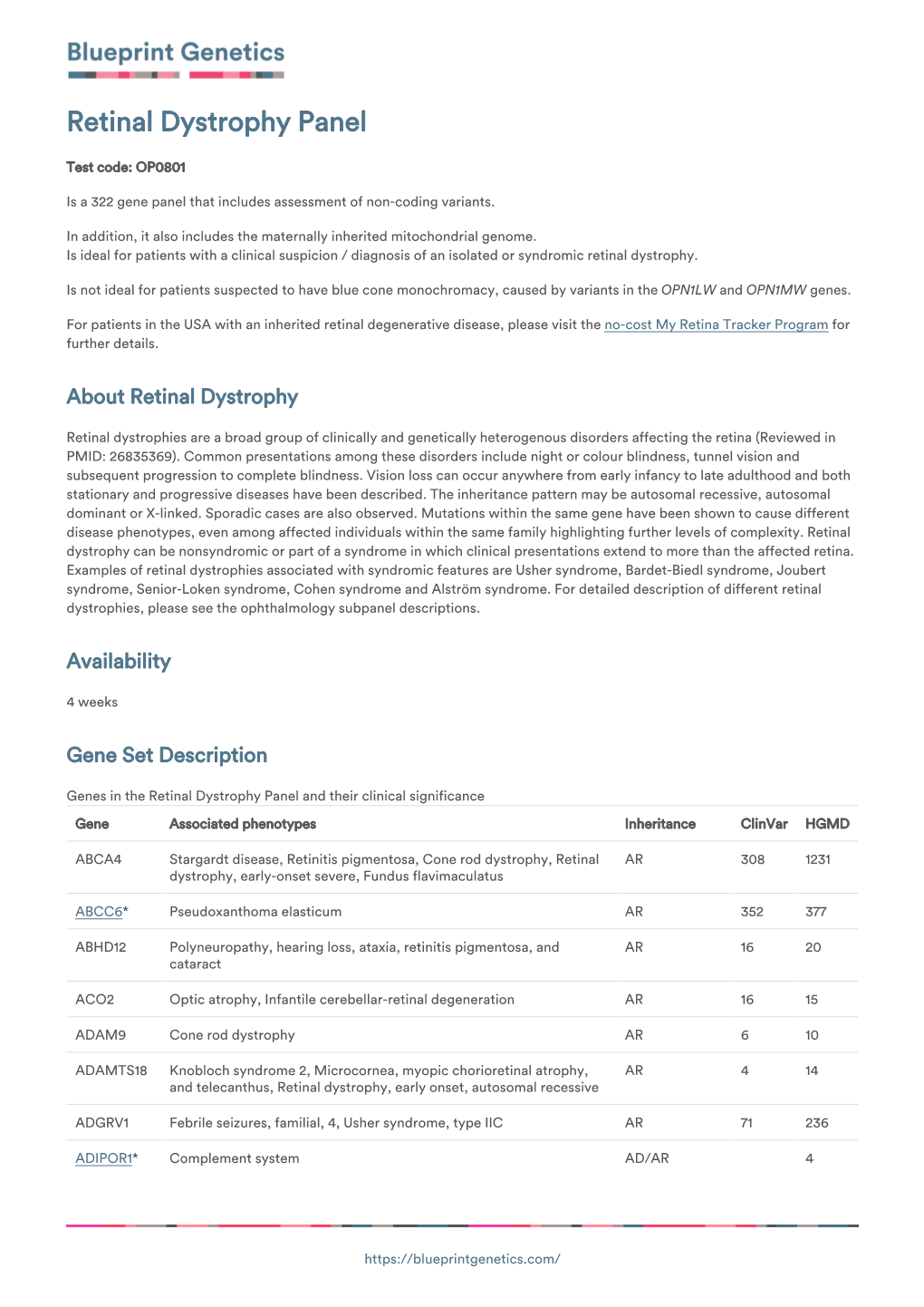 Blueprint Genetics Retinal Dystrophy Panel