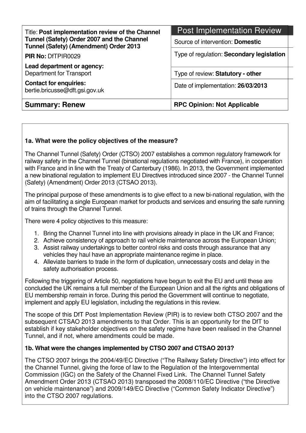Post Implementation Review Channel Tunnel Safety Order