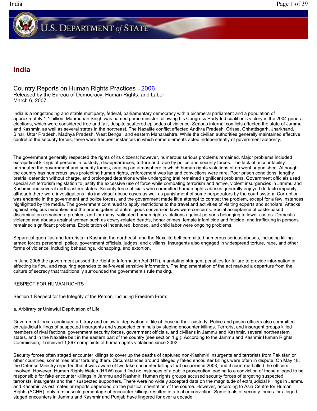 Country Reports on Human Rights Practices - 2006 Released by the Bureau of Democracy, Human Rights, and Labor March 6, 2007