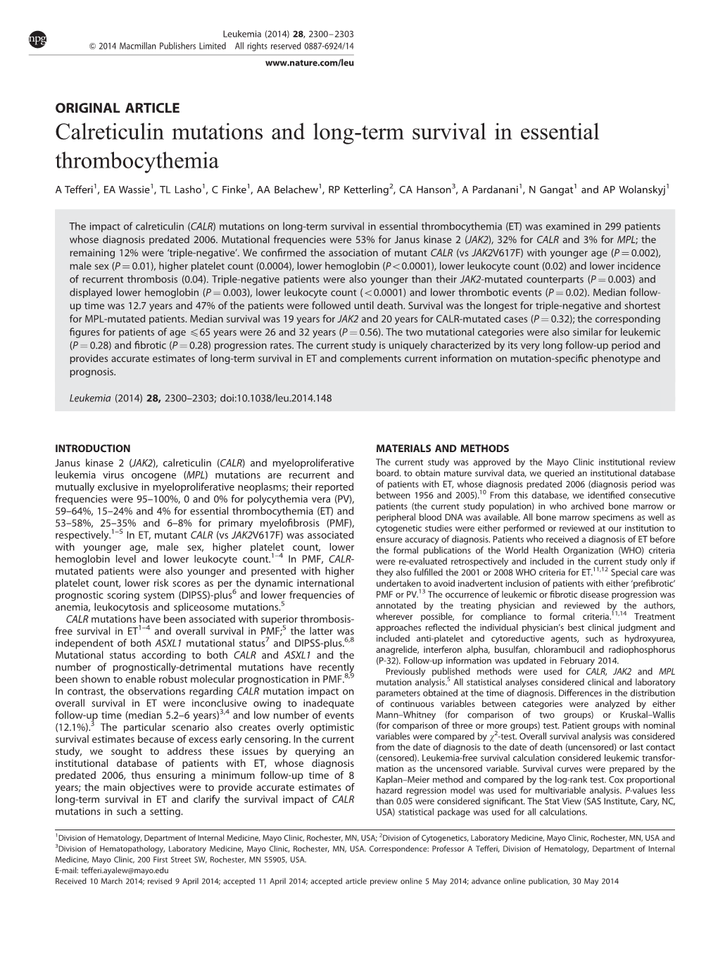 Calreticulin Mutations and Long-Term Survival in Essential Thrombocythemia