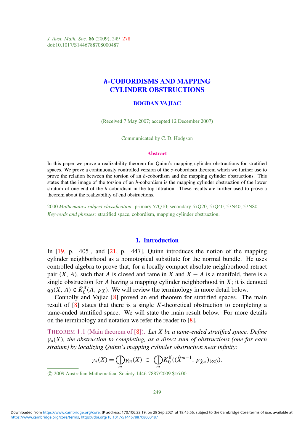 H-COBORDISMS and MAPPING CYLINDER OBSTRUCTIONS