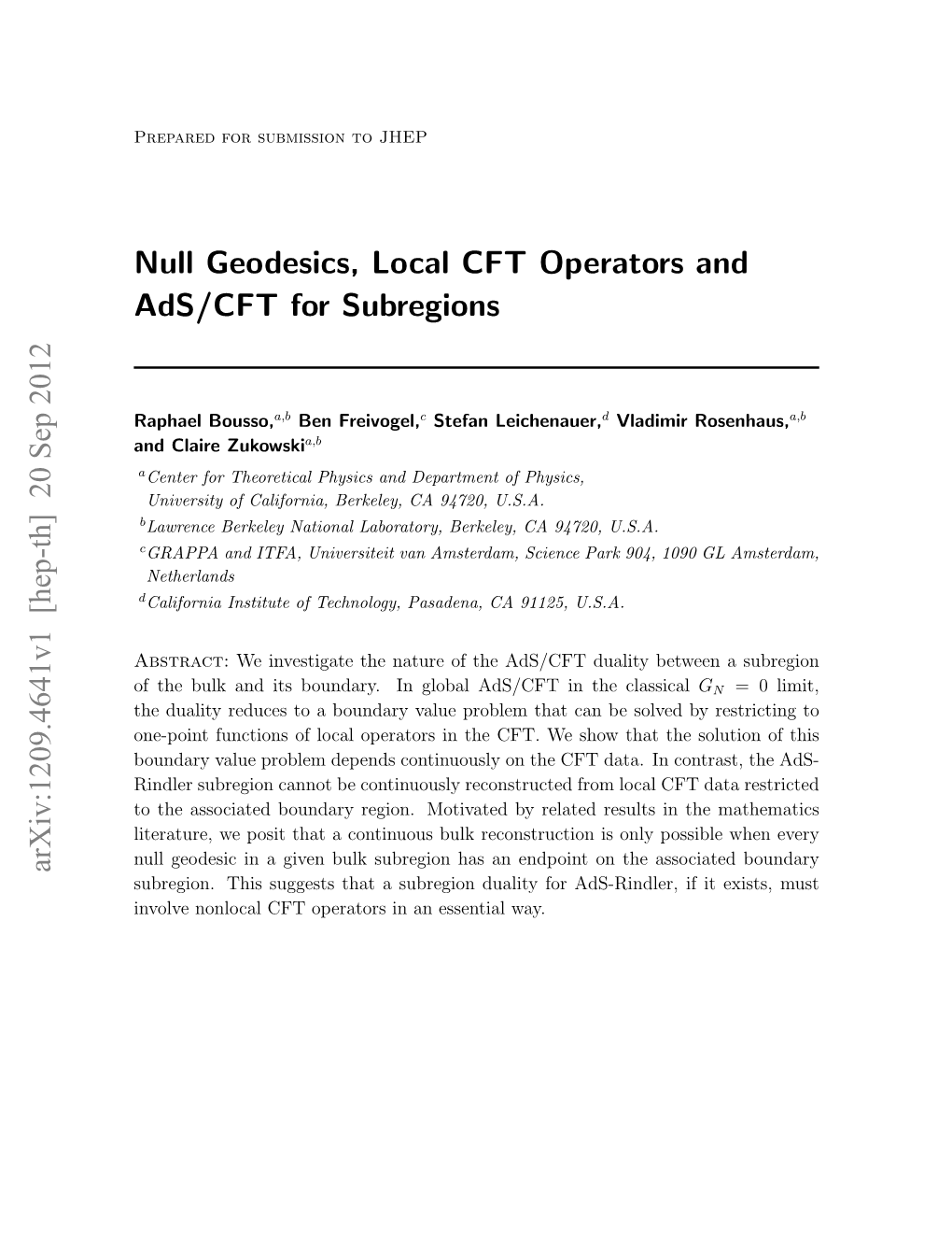 Null Geodesics, Local CFT Operators and Ads/CFT for Subregions Arxiv