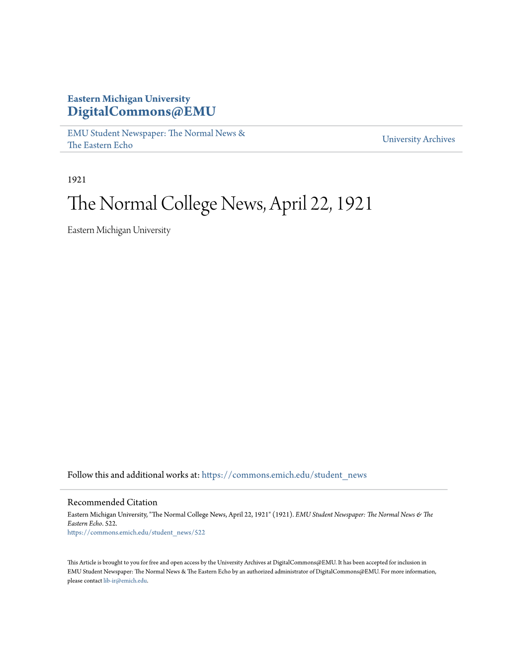 THE NORJ\'\I\L COLLEGE EWS VOLUME 18 YPSILANTI, MICHIGAN, APRIL 22, 1921