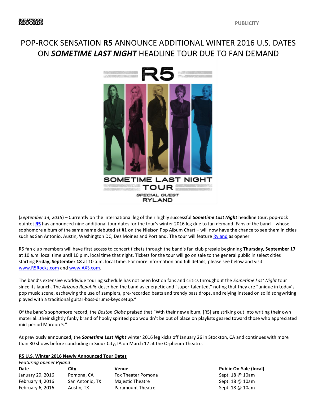 Pop-Rock Sensation R5 Announce Additional Winter 2016 U.S