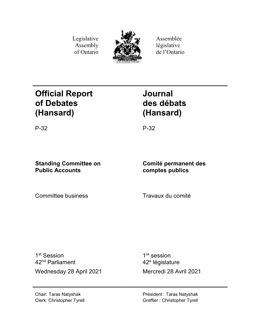 Official Report of Debates (Hansard) Journal Des Débats