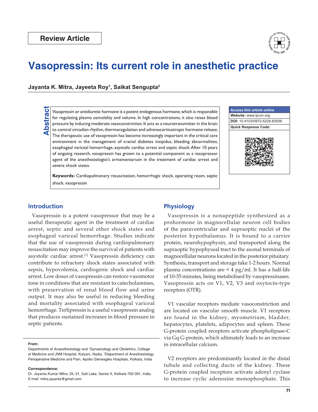 Vasopressin: Its Current Role in Anesthetic Practice