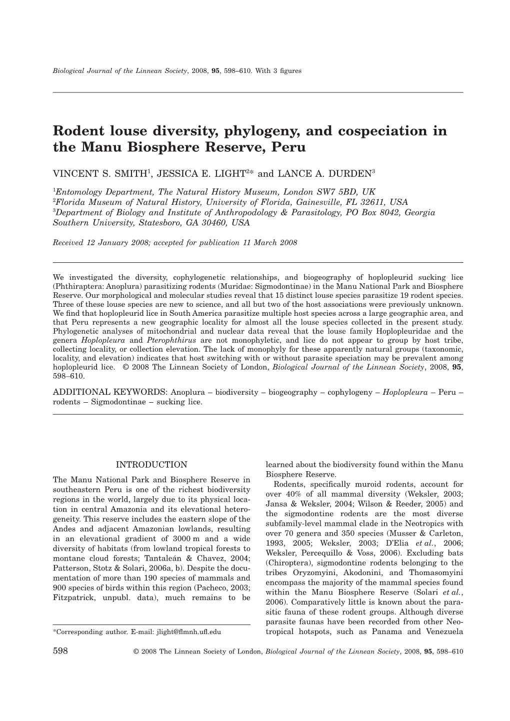 Rodent Louse Diversity, Phylogeny, and Cospeciation in the Manu Biosphere Reserve, Peru