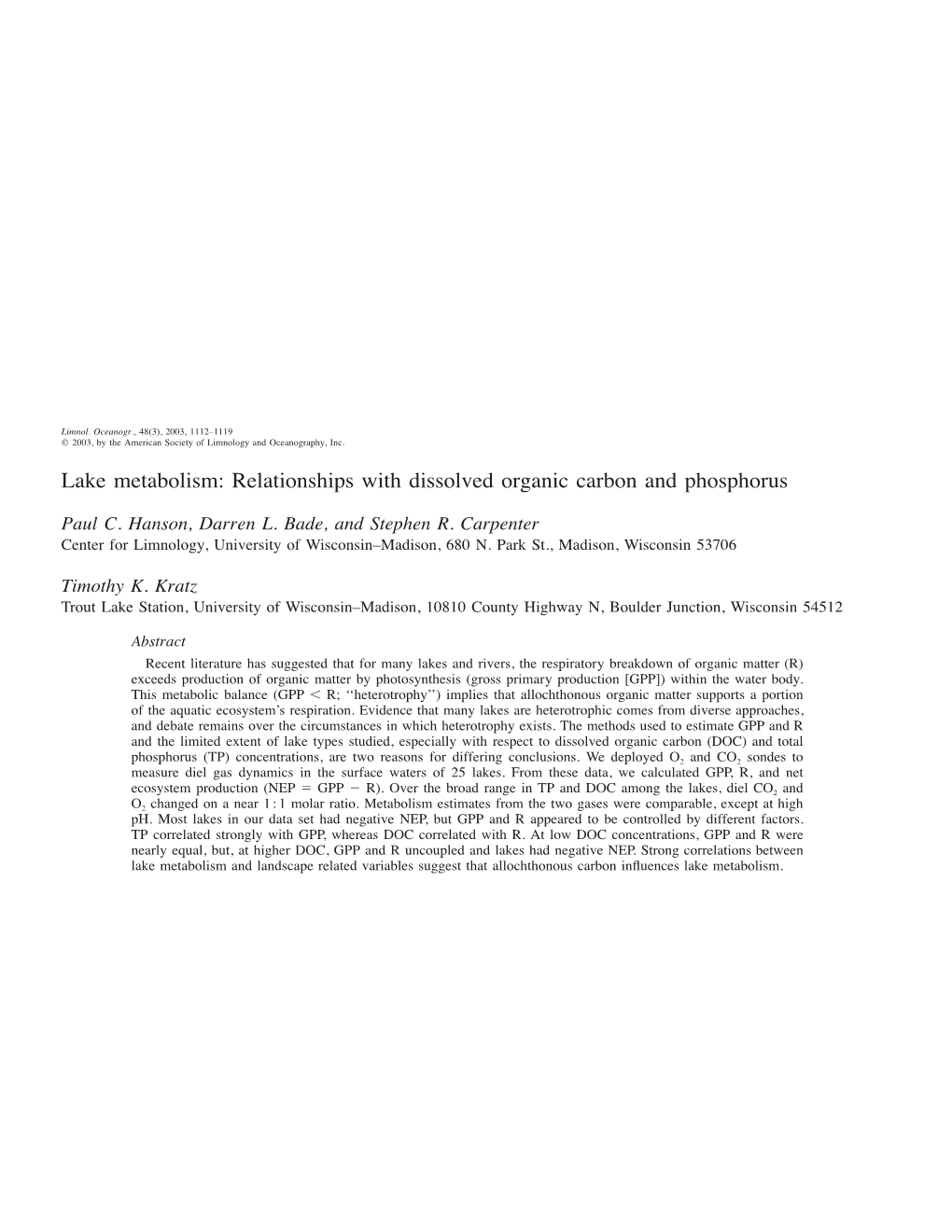 Lake Metabolism: Relationships with Dissolved Organic Carbon and Phosphorus